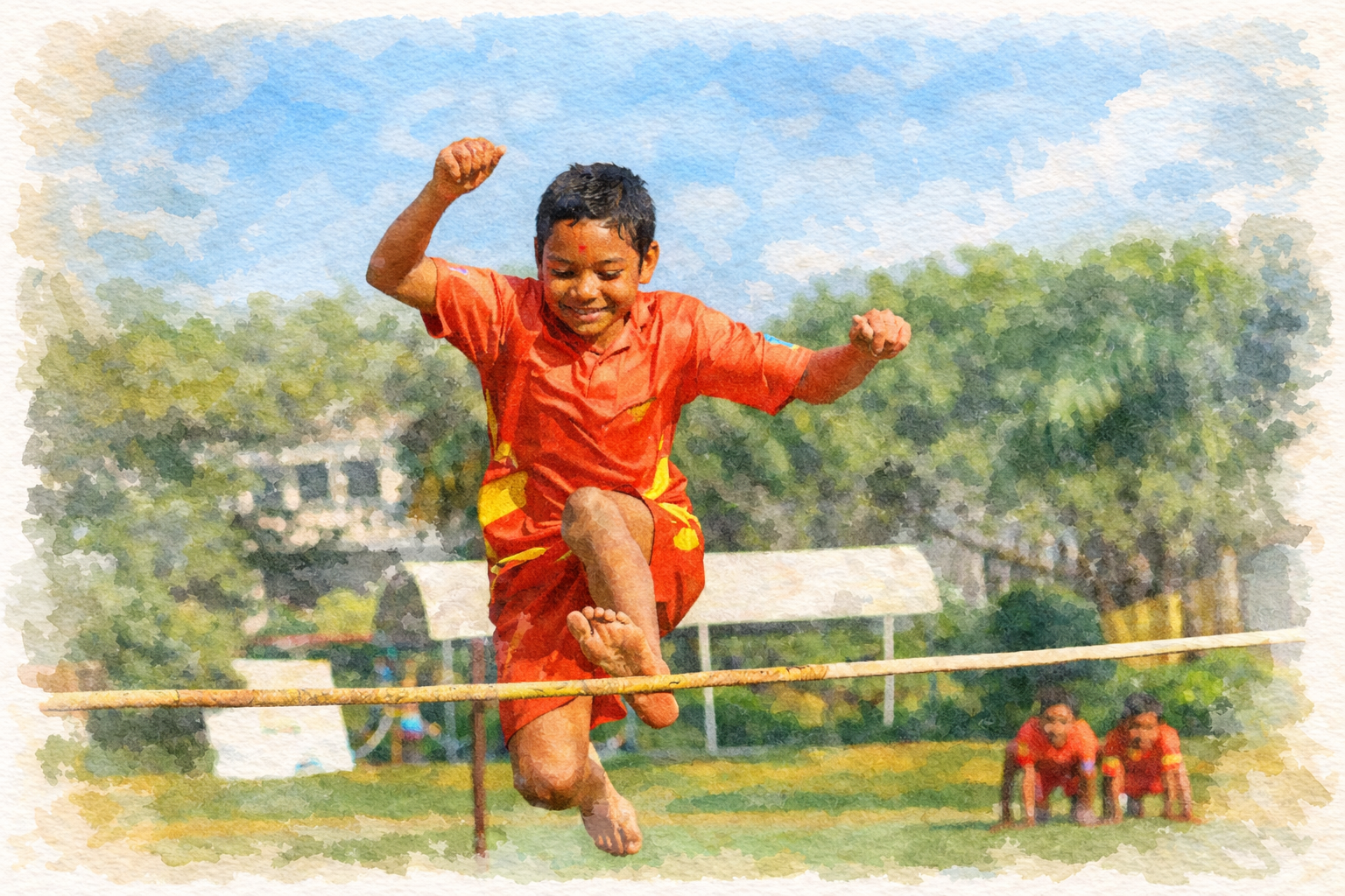 Traditional education with students learning values from a wise teacher