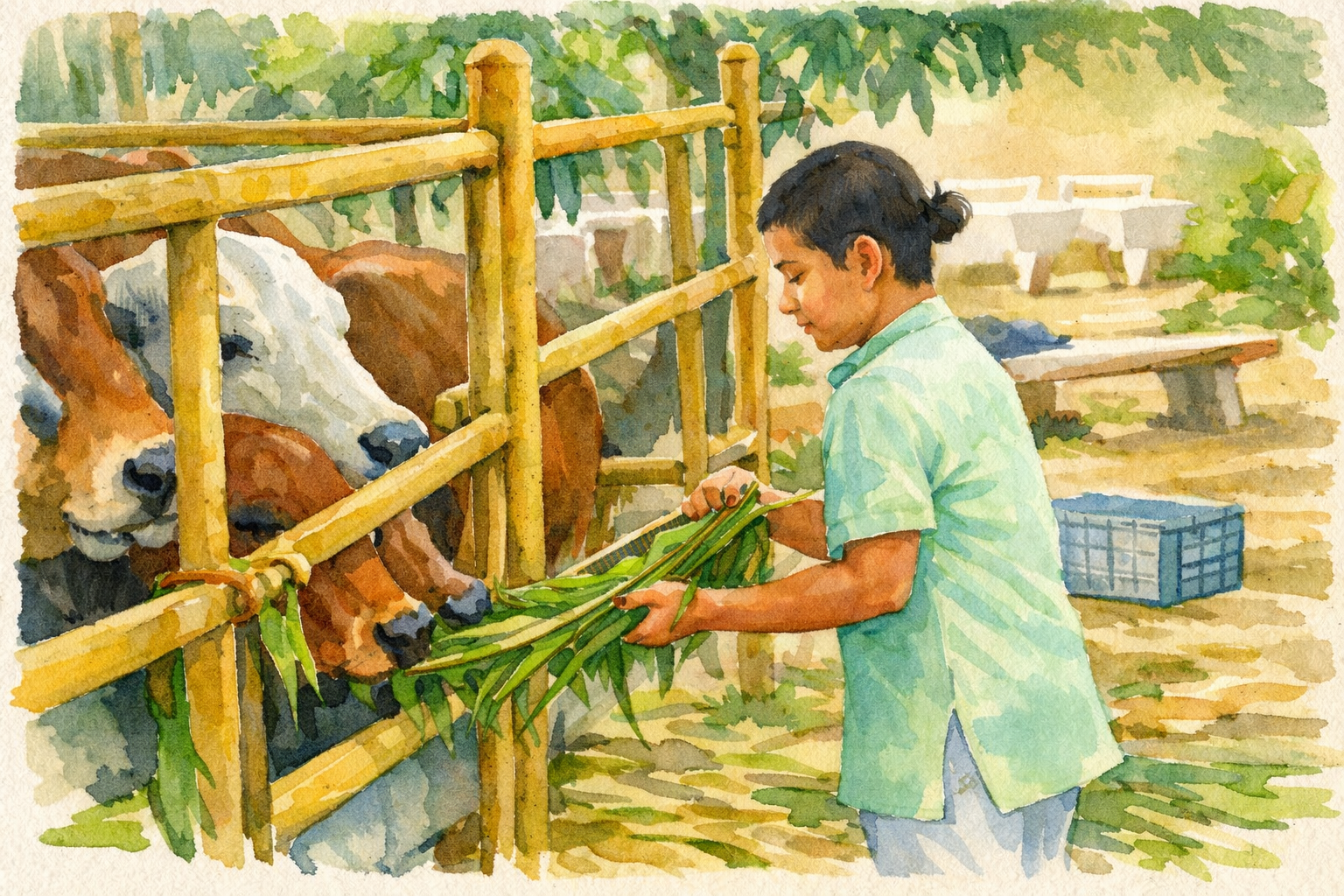 Beautiful cows in peaceful gaushala with caretakers providing loving care