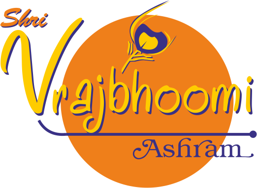 Shri Vrajbhoomi Ashram logo with orange circle, peacock feather, and yellow/purple text
